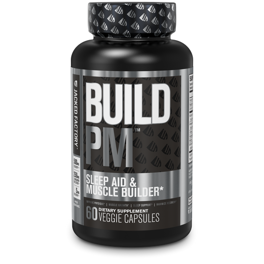 Jacked Factory's Build PM 60 veggie capsules in a black bottle with metallic silver label
