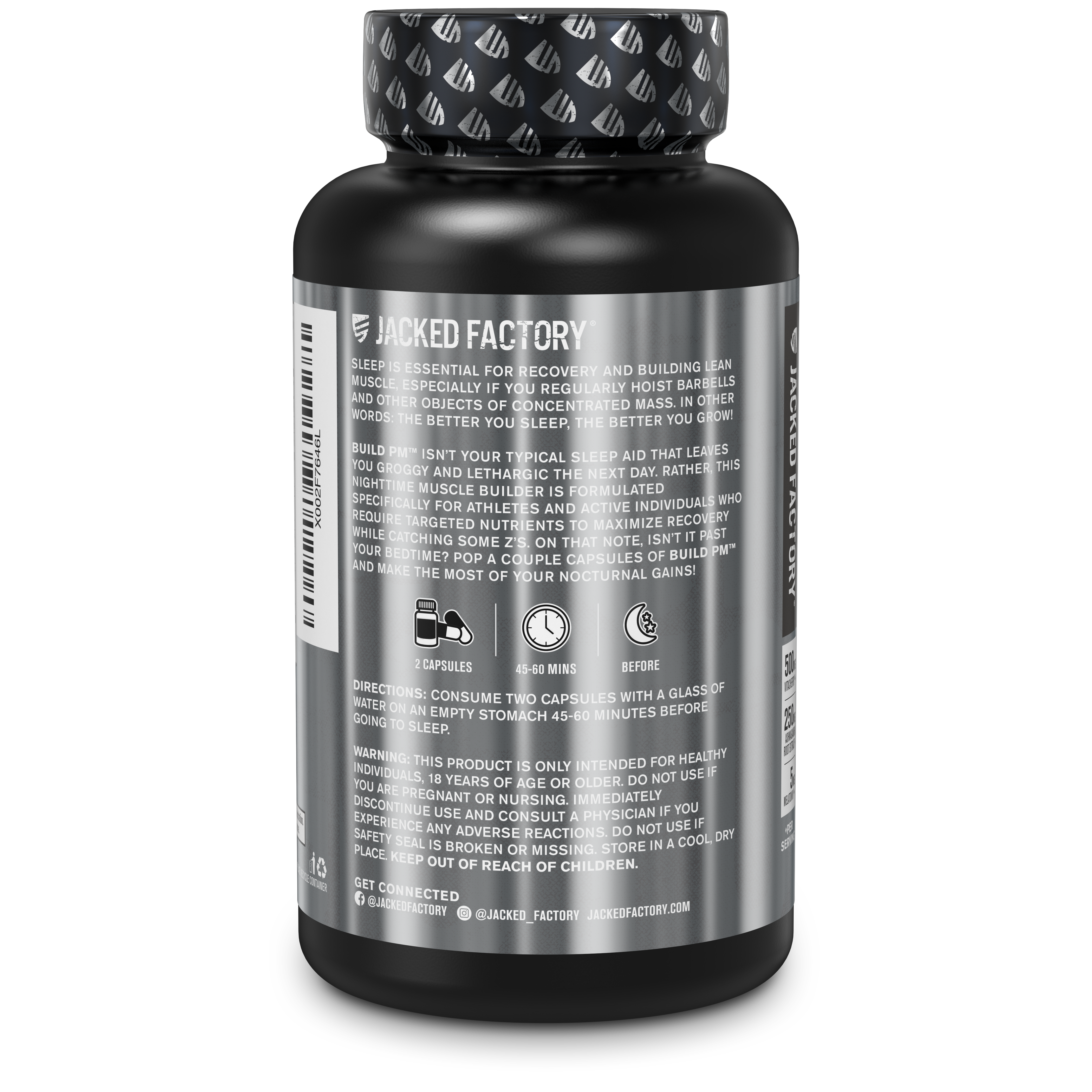 Side of Jacked Factory's Build PM 60 veggie capsules in a black bottle with metallic silver label showing product description