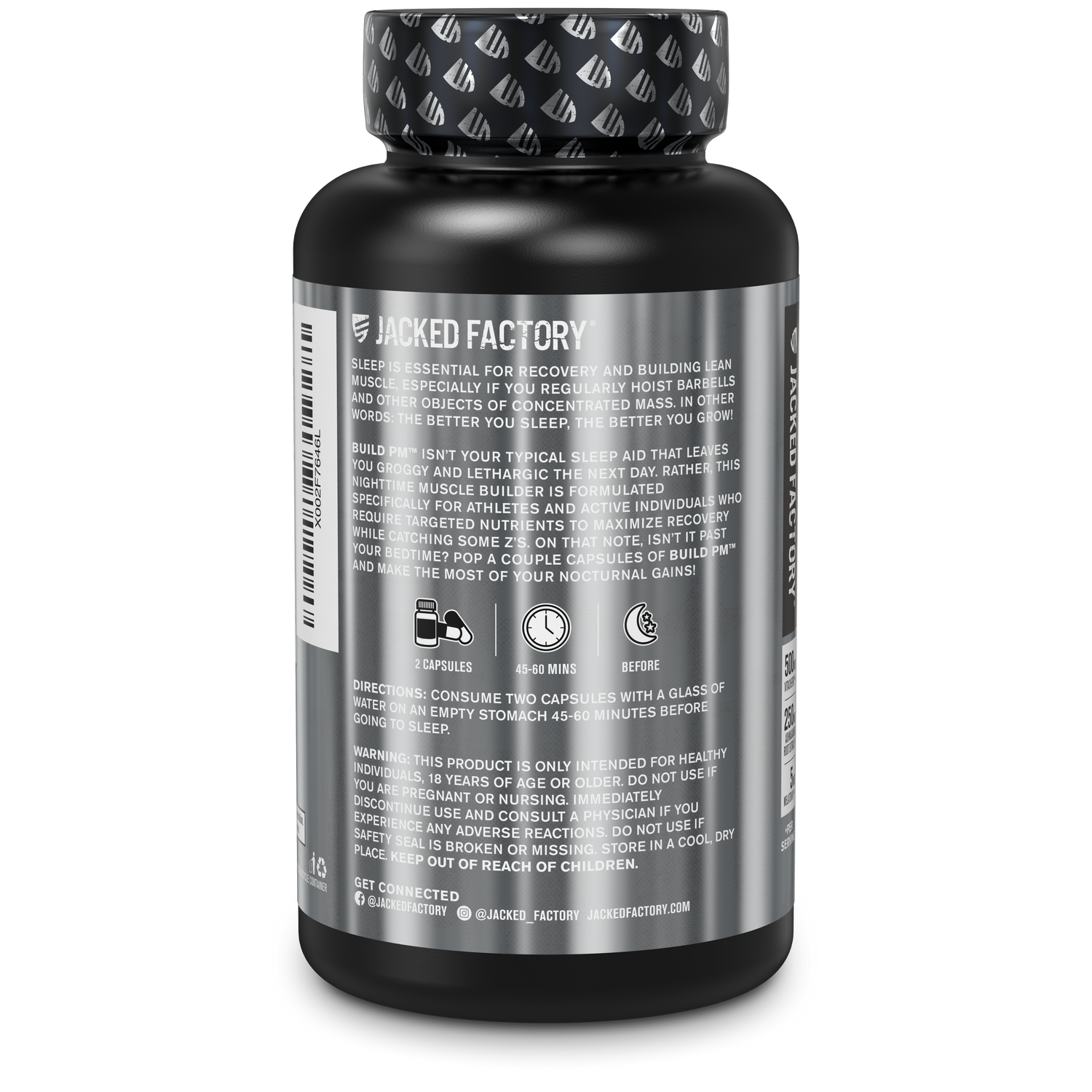 Side of Jacked Factory's Build PM 60 veggie capsules in a black bottle with metallic silver label showing product description