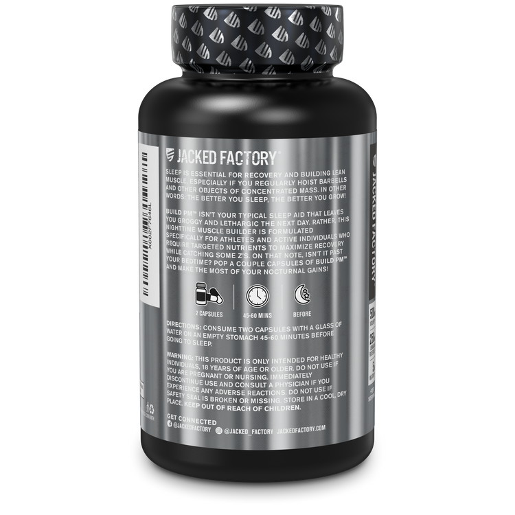 Side of Jacked Factory's Build PM 60 veggie capsules in a black bottle with metallic silver label showing product description