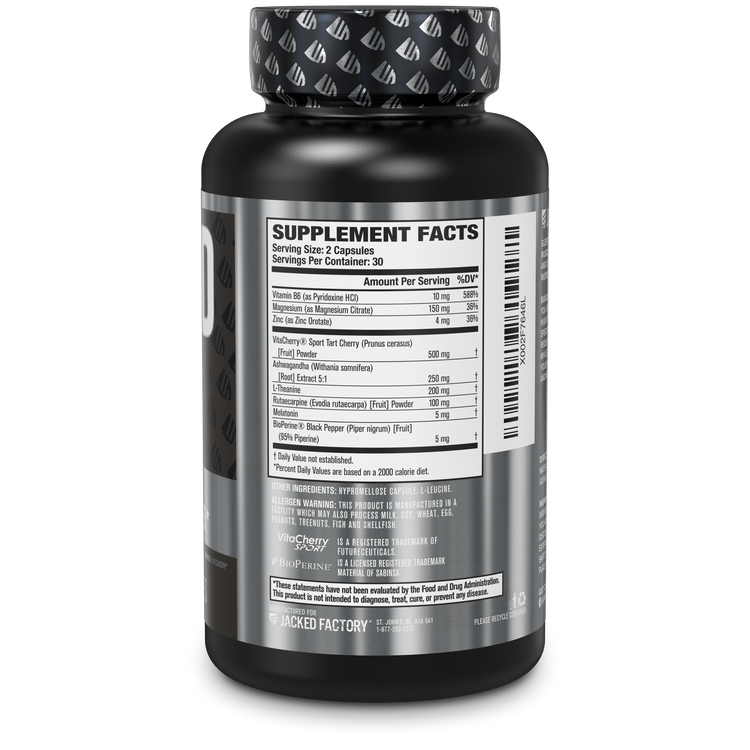 Side of Jacked Factory's Build PM 60 veggie capsules in a black bottle with metallic silver label showing product description