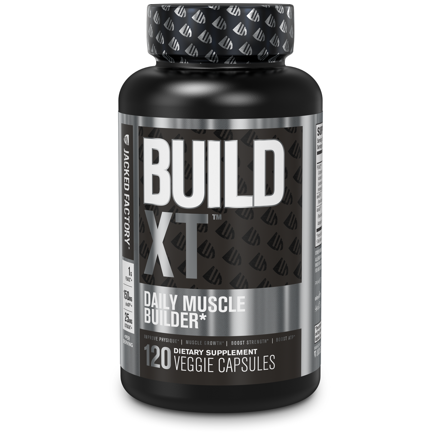 Jacked Factory's Build-XT 120 veggie capsules in a black bottle with metallic silver label
