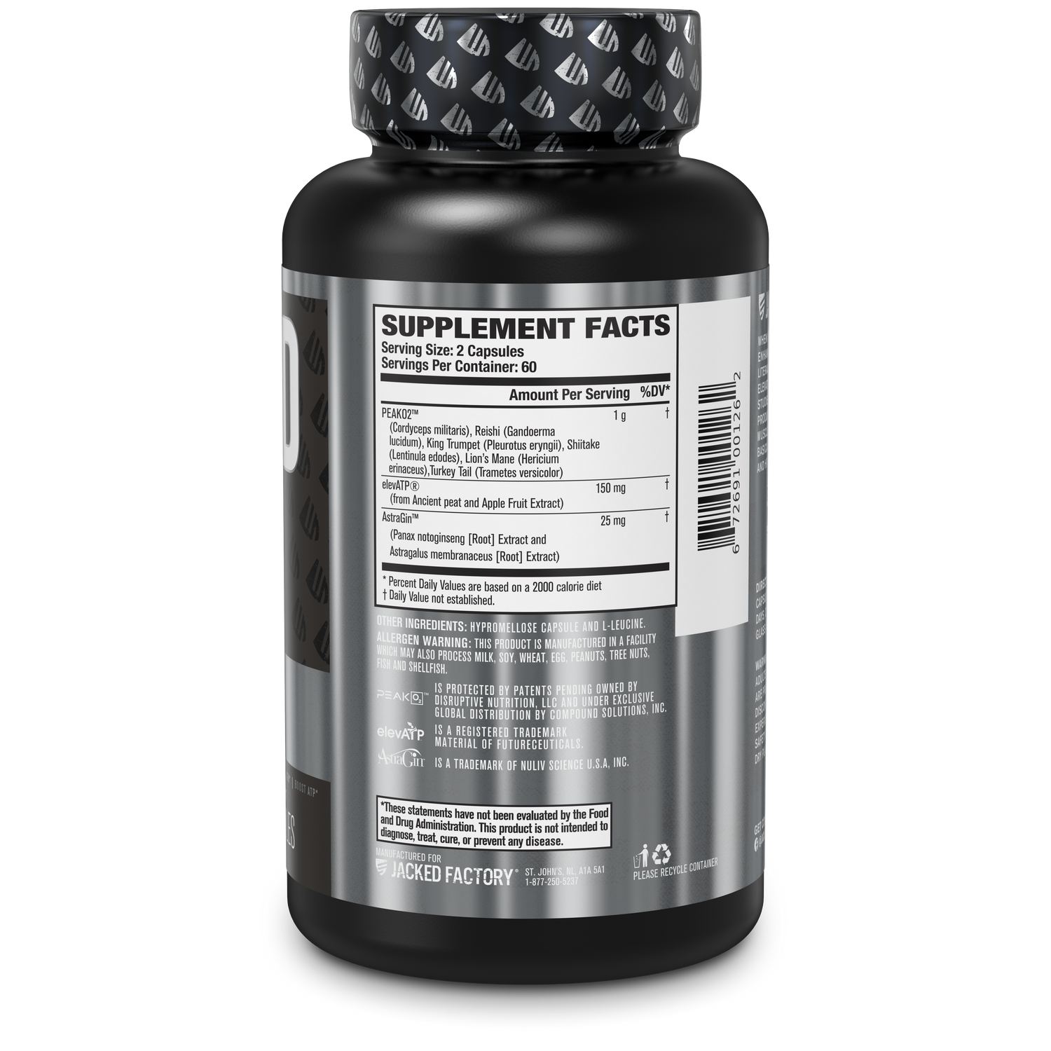 Side of the Jacked Factory's Build-XT 60 veggie capsules in a black bottle with metallic silver label showing the supplement facts panel