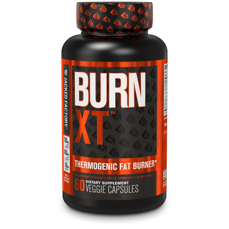 Jacked Factorys Burn-Xt 60 veggie capsules in a black bottle with metallic orange label