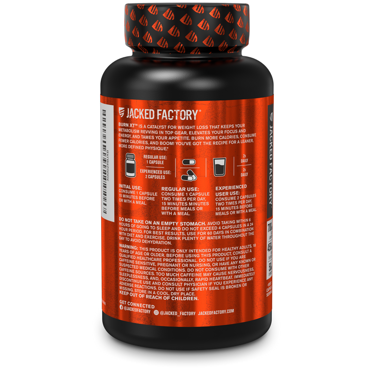 Side of Jacked Factorys Burn-Xt 60 veggie capsules in a black bottle with metallic orange label showing product description