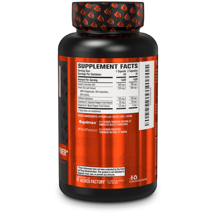 Side of Jacked Factorys Burn-Xt 60 veggie capsules in a black bottle with metallic orange label showing nutritional information