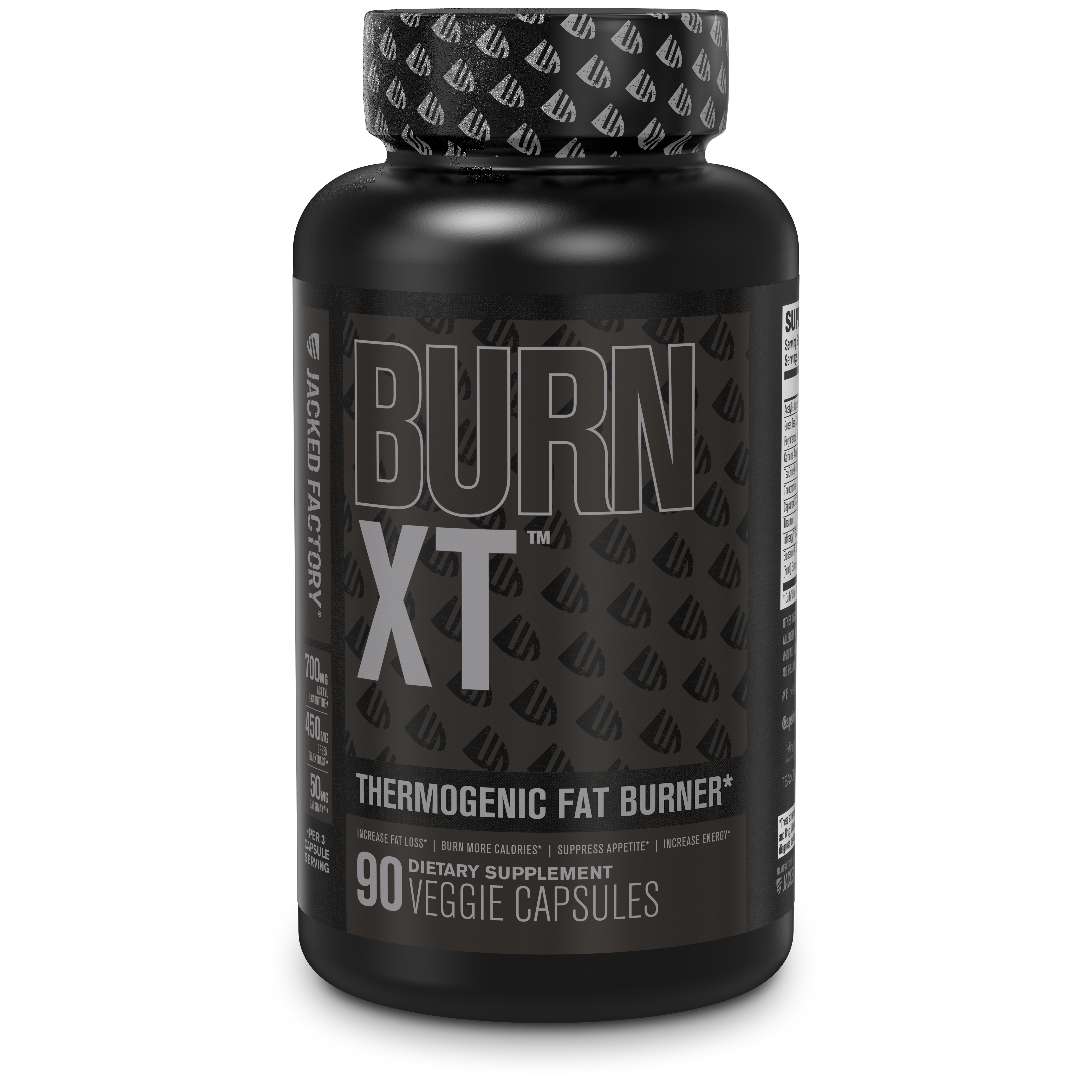 Jacked Factory's Burn-XT Black 90 veggie capsules in a black bottle with black label