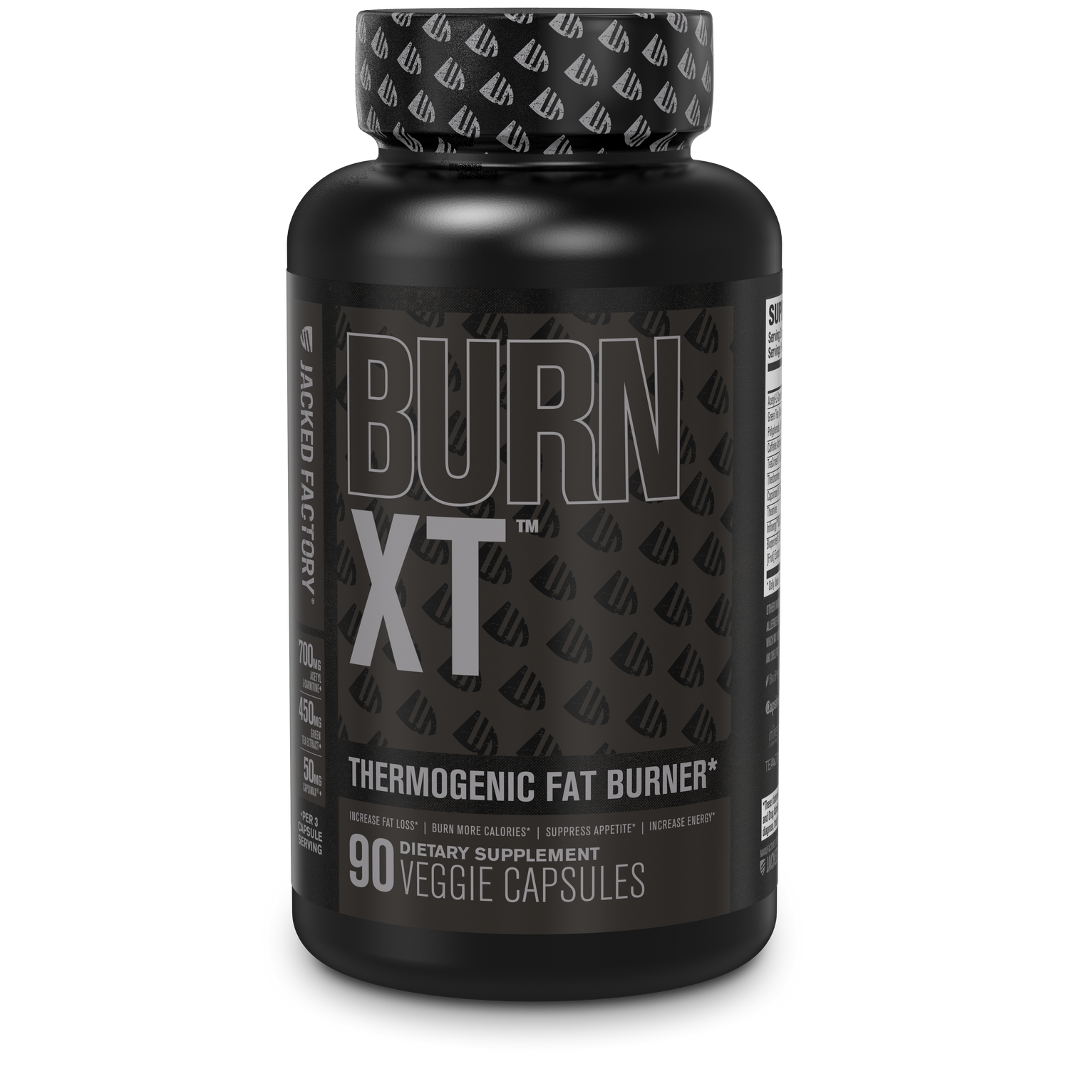 Jacked Factory's Burn-XT Black 90 veggie capsules in a black bottle with black label