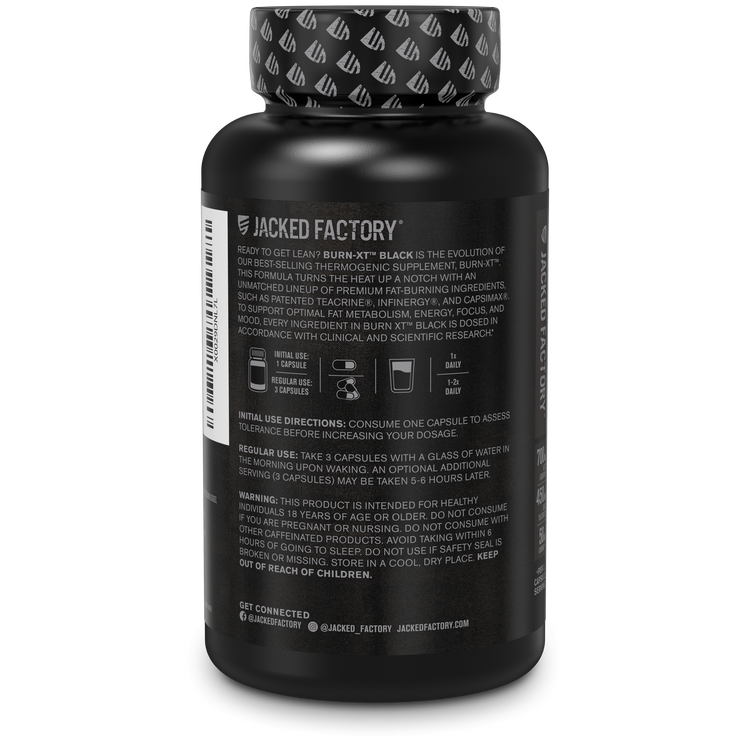 Side of Jacked Factory's Burn-XT Black 90 veggie capsules in a black bottle with black label showing product description