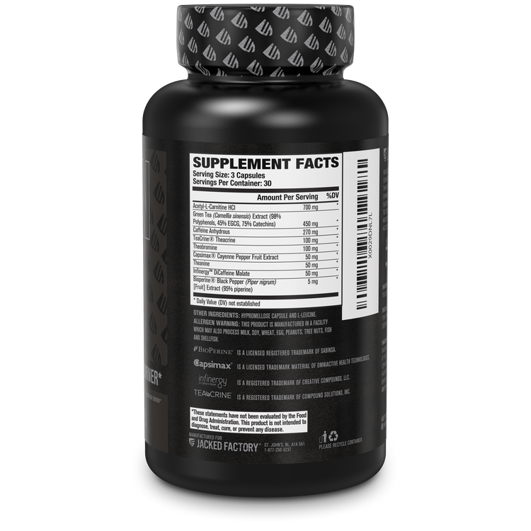 Back of Jacked Factory's Burn-XT Black 90 veggie capsules in a black bottle with black label showing supplement facts