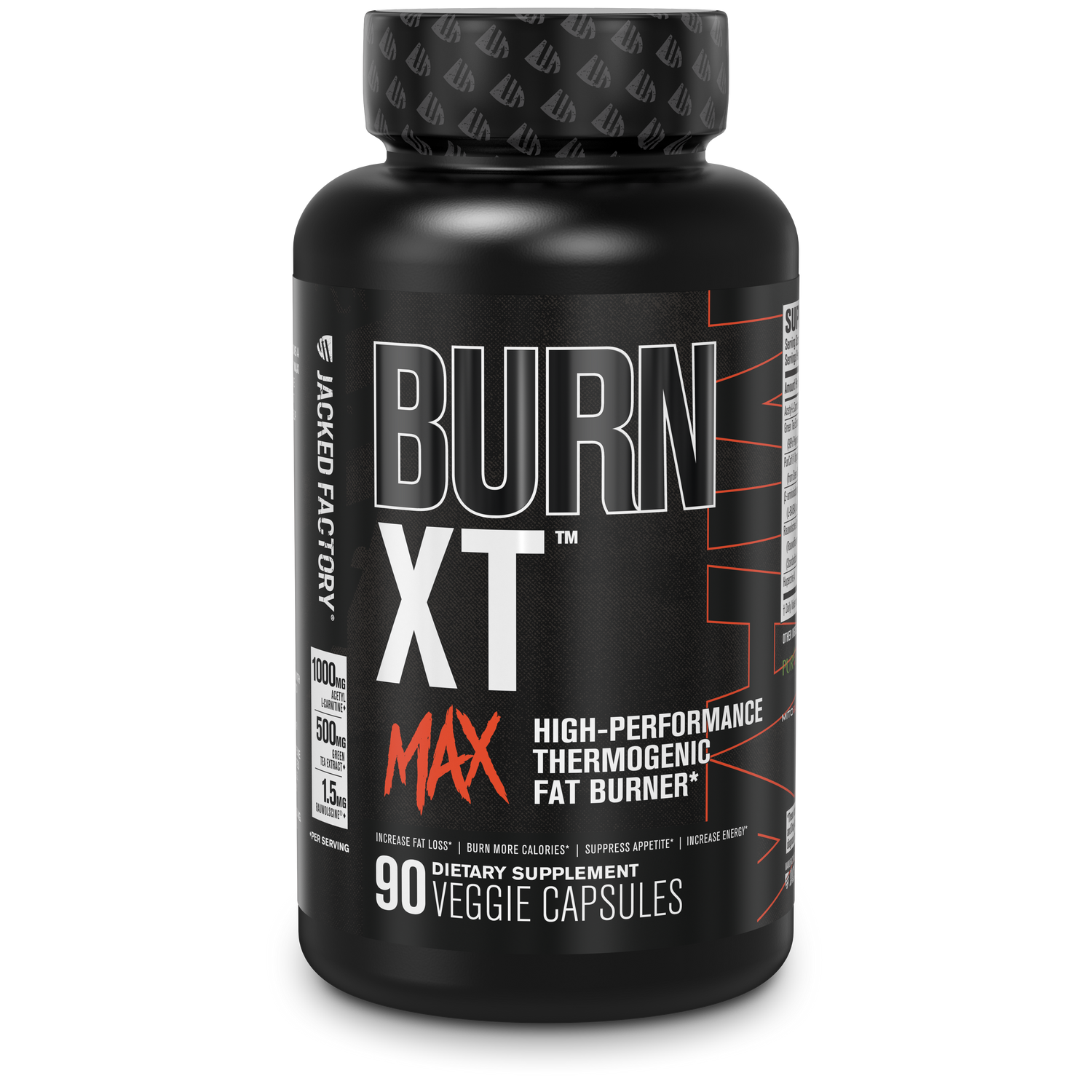 Black bottle with orange text of Jacked Factory's Burn-XT Max product