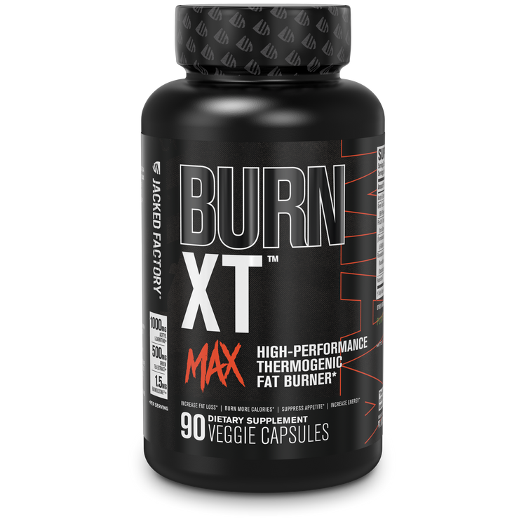 Black bottle with orange text of Jacked Factory's Burn-XT Max product