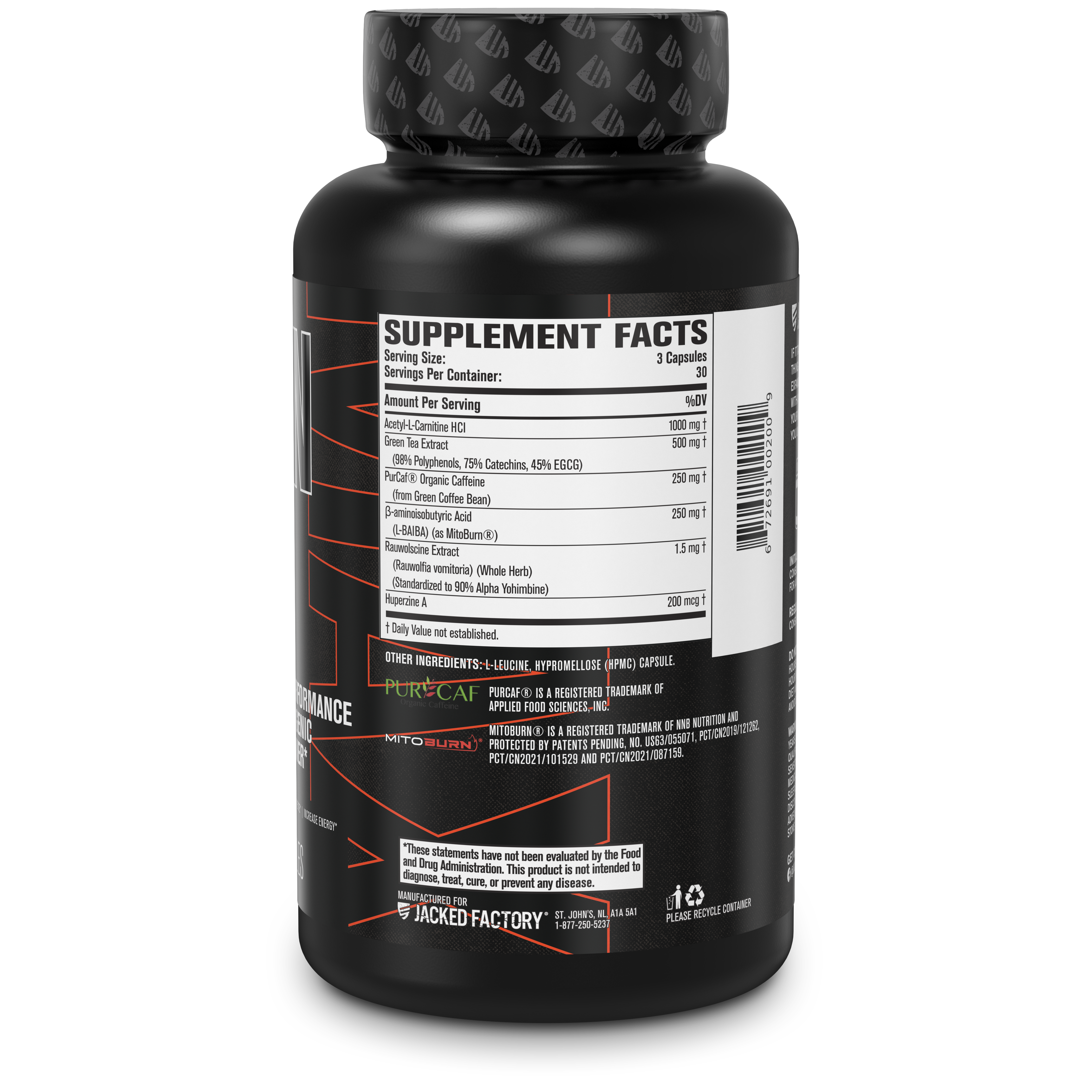 Side of black bottle with orange text of Jacked Factory's Burn-XT Max product showing supplement facts