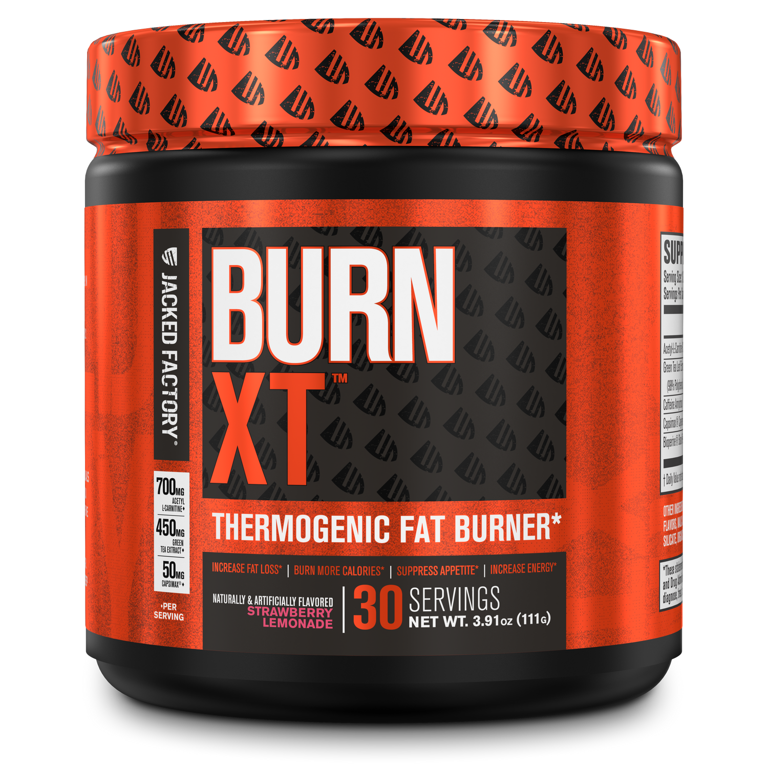 Jacked Factory's Burn-XT powder Strawberry Lemonade flavor (30 servings) in a black bottle with metallic orange logo