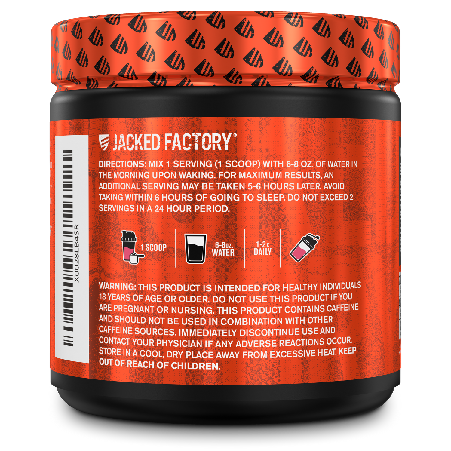 Side of Jacked Factory's Burn-XT powder Strawberry Lemonade flavor (30 servings) in a black bottle with metallic orange logo showing product description