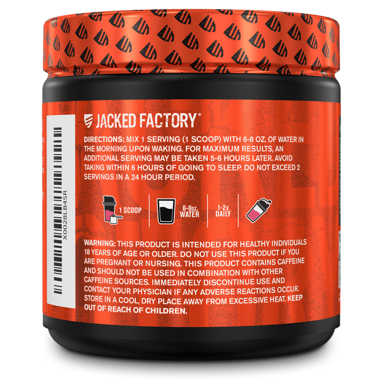 Side of Jacked Factory's Burn-XT powder Strawberry Lemonade flavor (30 servings) in a black bottle with metallic orange logo showing product description