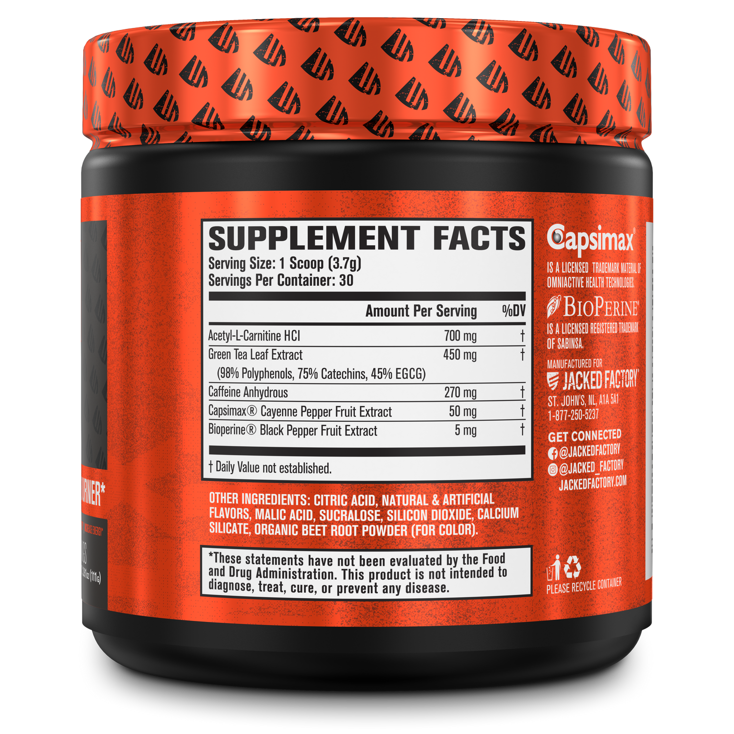 Side of Jacked Factory's Burn-XT powder Strawberry Lemonade flavor (30 servings) in a black bottle with metallic orange logo showing nutritional information