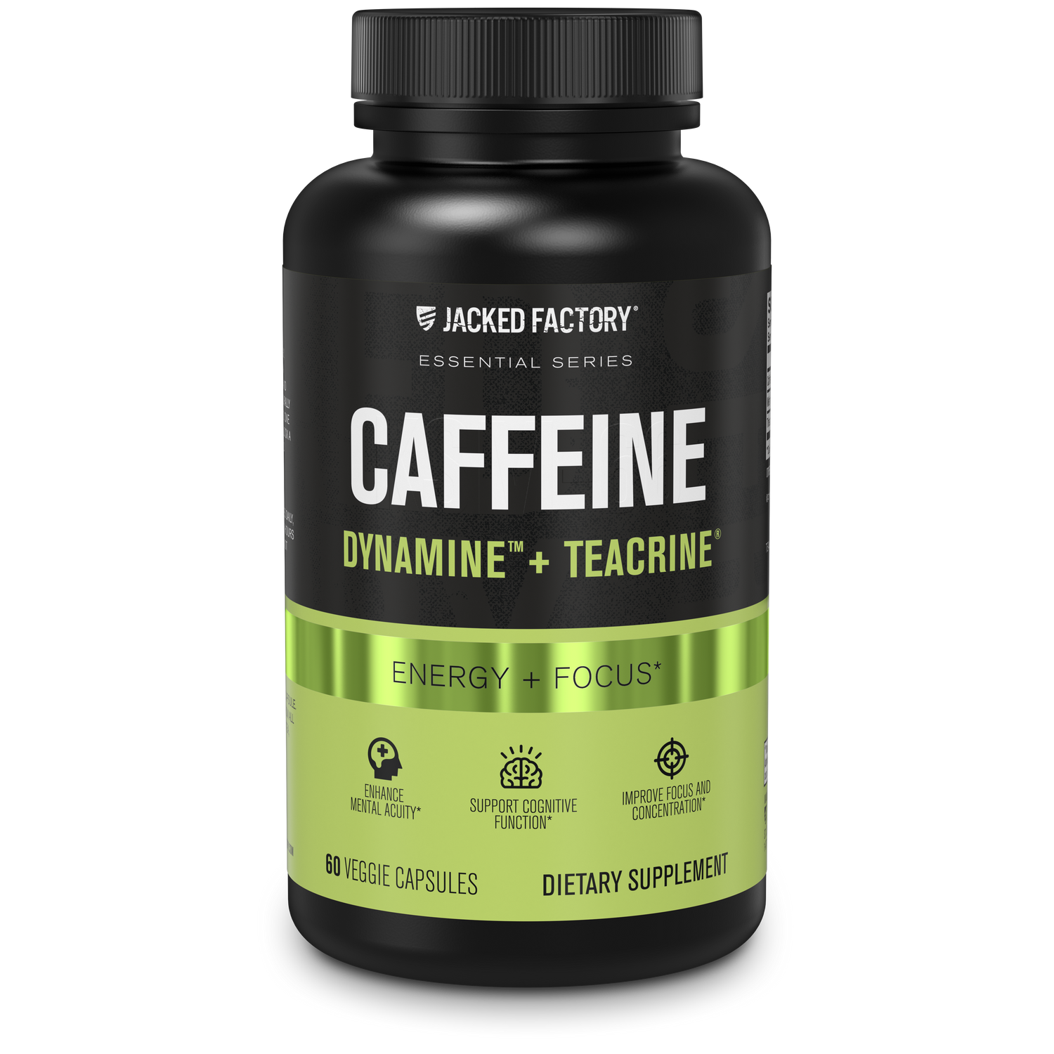 Jacked Factory's Caffeine w/ Dynamine + Teacrine (60ct) in a black bottle with black and green label