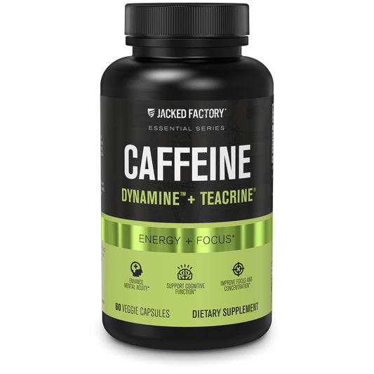 Jacked Factory's Caffeine w/ Dynamine + Teacrine (60ct) in a black bottle with black and green label