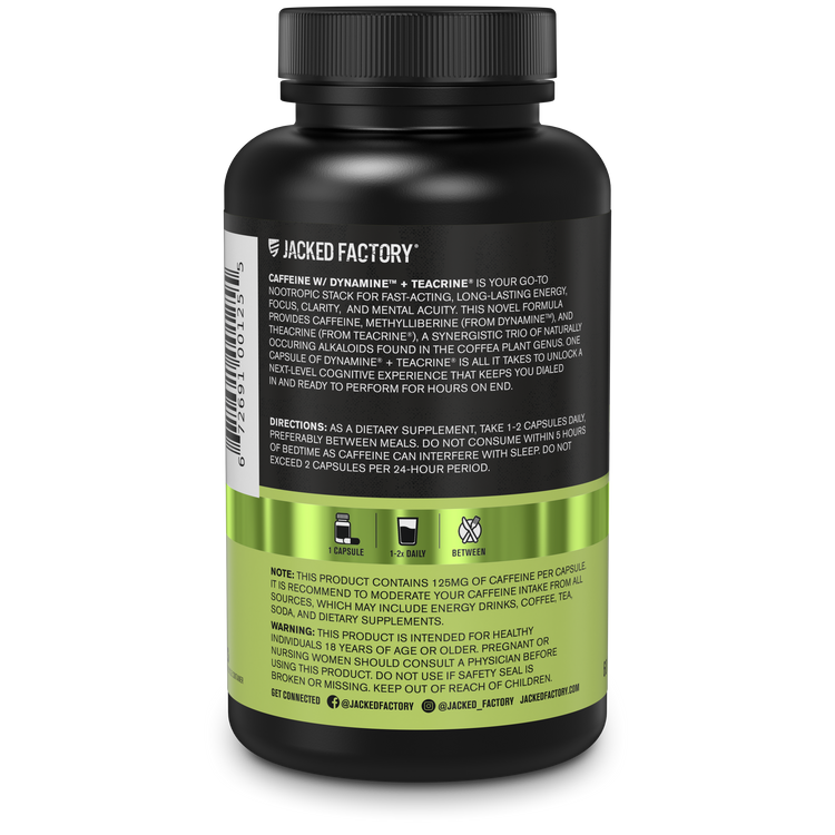 Side of Jacked Factory's Caffeine w/ Dynamine + Teacrine (60ct) in a black bottle with black and green label showing product description
