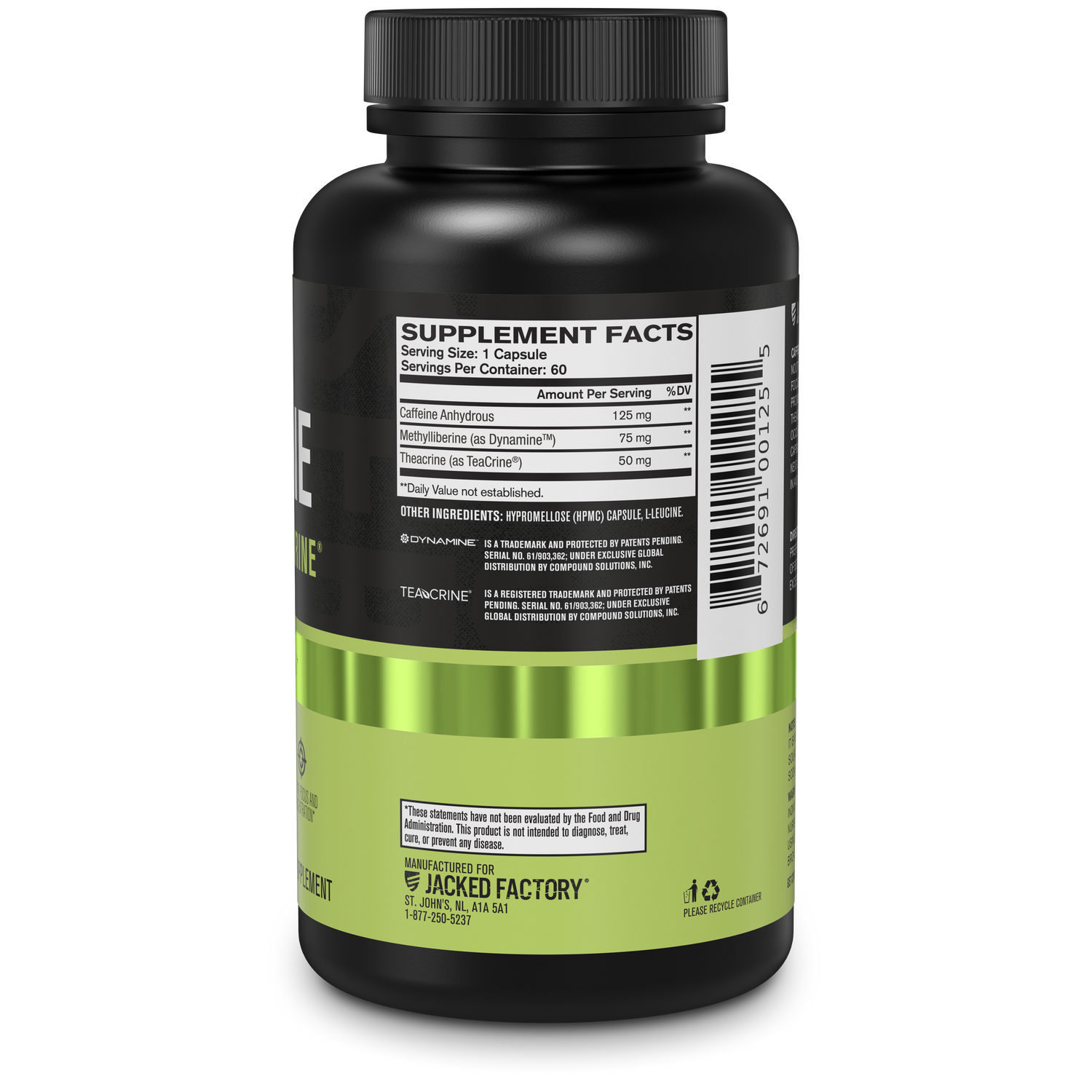 Side of Jacked Factory's Caffeine w/ Dynamine + Teacrine (60ct) in a black bottle with black and green label showing supplement facts