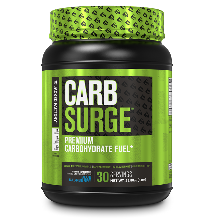 Jacked Factory's Carb Surge Blue Raspberry (30 servings) in a black bottle with green label