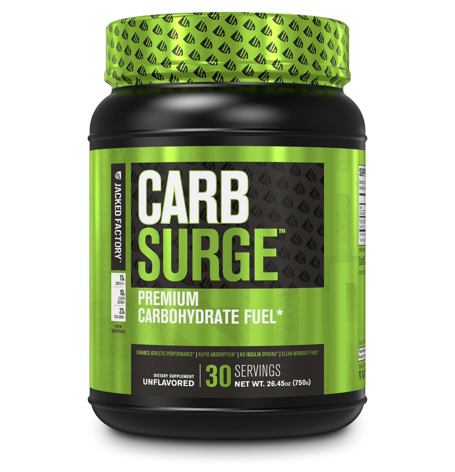 Jacked Factory's Carb Surge Unflavored (30 servings) in a black bottle with green label