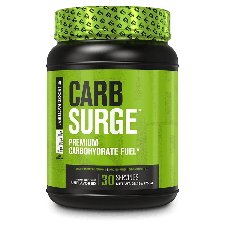 Jacked Factory's Carb Surge Unflavored (30 servings) in a black bottle with green label