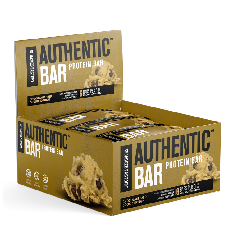 Jacked Factory's 6-pack of Chocolate Chip Cookie Dough Authentic Bars in a brown box with cookie dough image