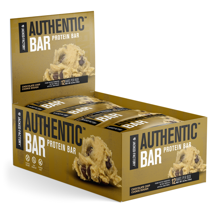Jacked Factory's 12-pack of Chocolate Chip Cookie Dough Authentic Bars in a brown box with cookie dough image