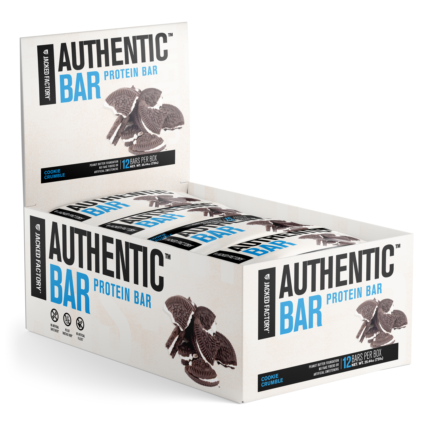 Jacked Factory's 12-pack of Cookie Crumble Authentic Bars in a blue and cream colored box with a chocolate & cream cookie image