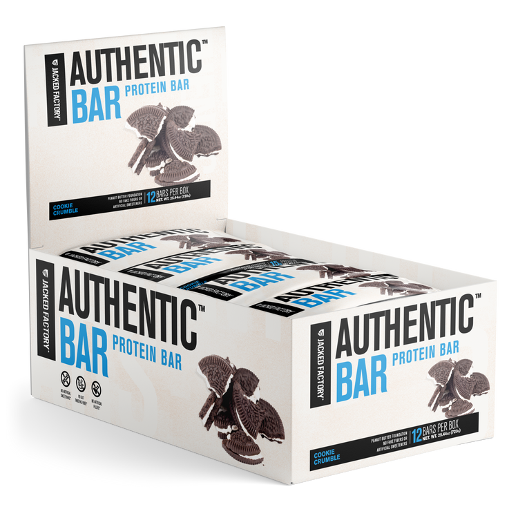 Jacked Factory's 12-pack of Cookie Crumble Authentic Bars in a blue and cream colored box with a chocolate & cream cookie image