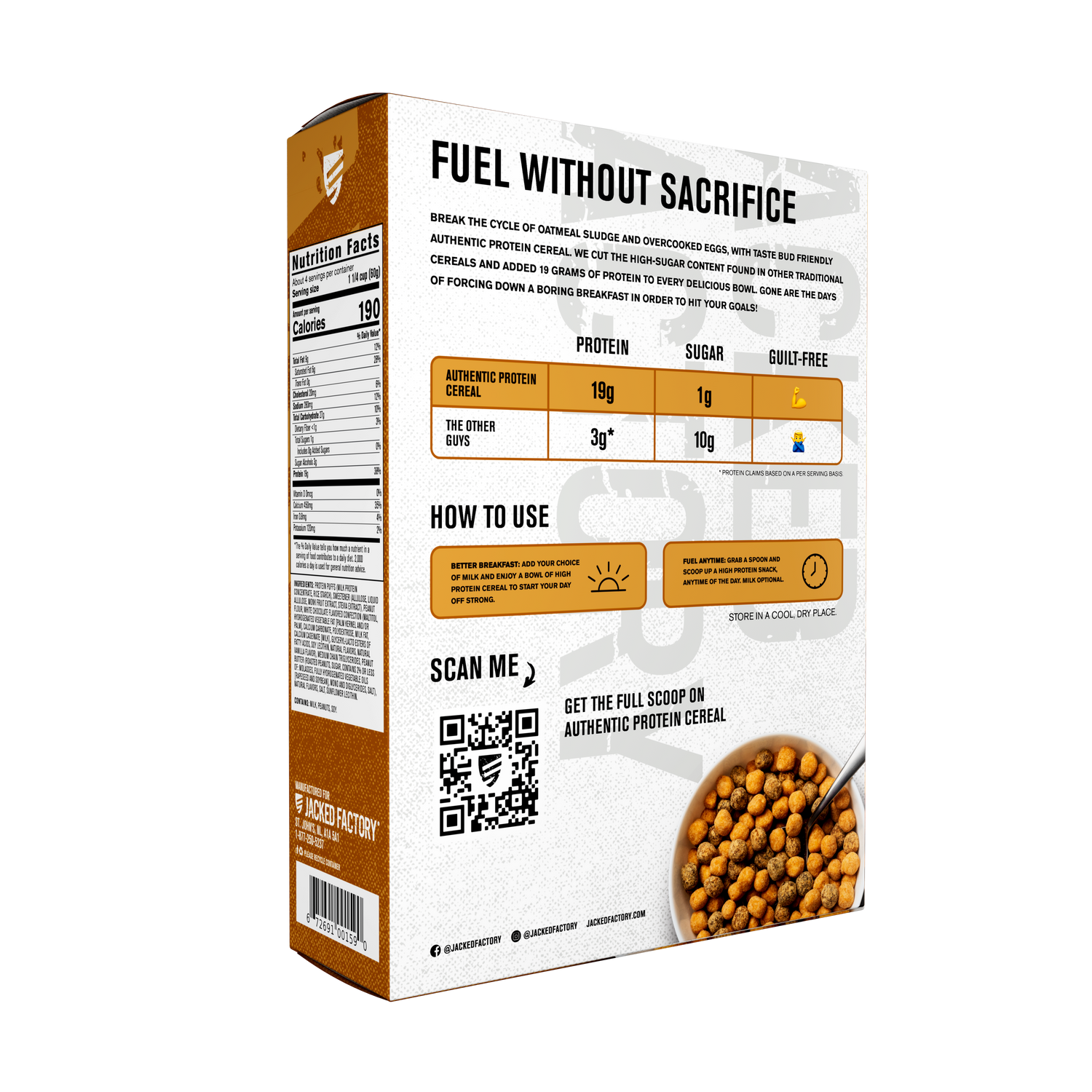 Back of brown Authentic Protein Cereal - Chocolate Peanut Butter cereal box showing product description