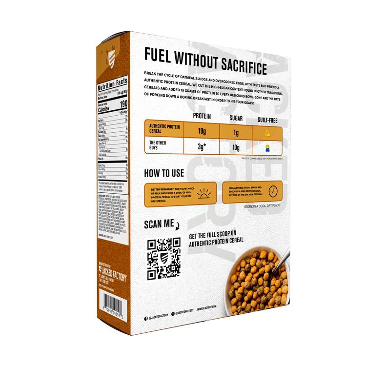 Back of brown Authentic Protein Cereal - Chocolate Peanut Butter cereal box showing product description
