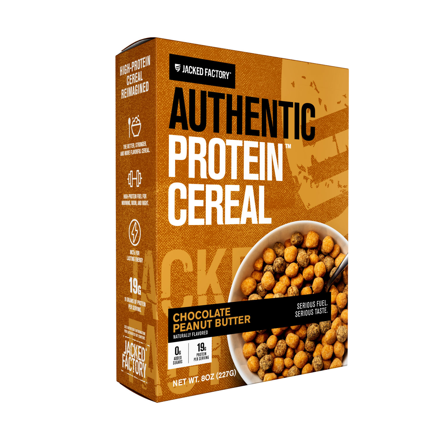 Brown cereal box with Authentic Protein Cereal - Chocolate Peanut Butter written on it and a bowl of brown cereal puffs