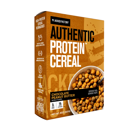 Brown cereal box with Authentic Protein Cereal - Chocolate Peanut Butter written on it and a bowl of brown cereal puffs