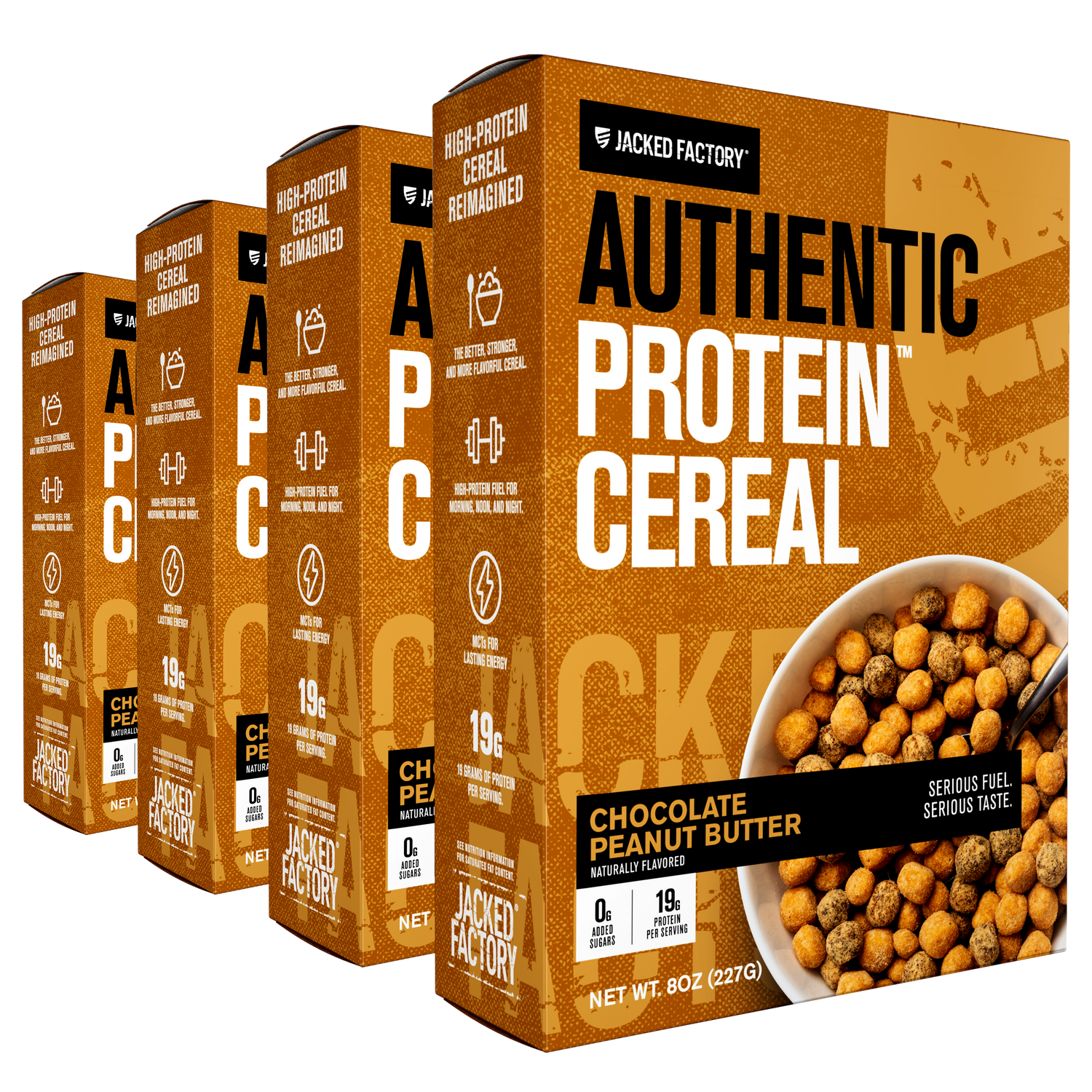 Four Boxes of Jacked Factory Authentic Protein Cereal Chocolate Peanut Butter. Brown cereal boxes with light brown accents black and white text