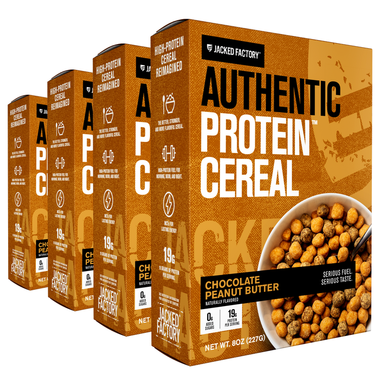 Four Boxes of Jacked Factory Authentic Protein Cereal Chocolate Peanut Butter. Brown cereal boxes with light brown accents black and white text