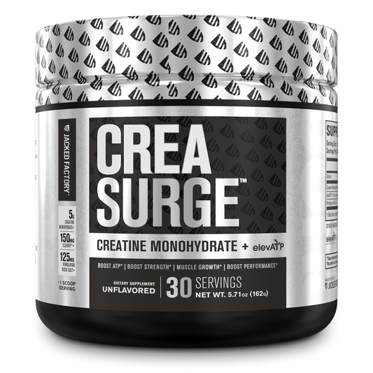 Jacked Factory Crea Surge Unflavored in a black tub with a silver label and lid