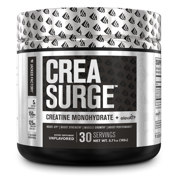 Jacked Factory Crea Surge Unflavored in a black tub with a silver label and lid