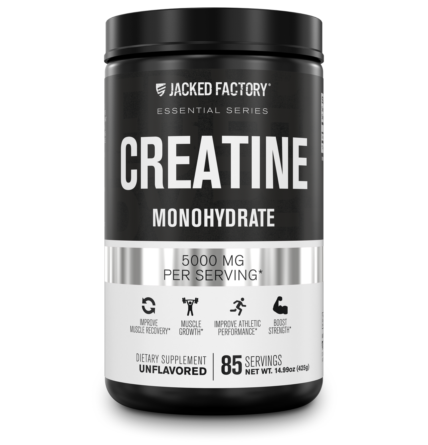 Jacked Factory's Creatine Monohydrate 5000mg (85 servings) in a black bottle with white and grey label