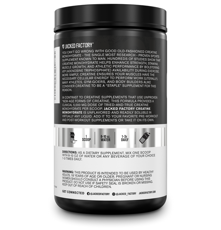 Side of Jacked Factory's Creatine Monohydrate 5000mg (85 servings) in a black bottle with white and grey label showing product description