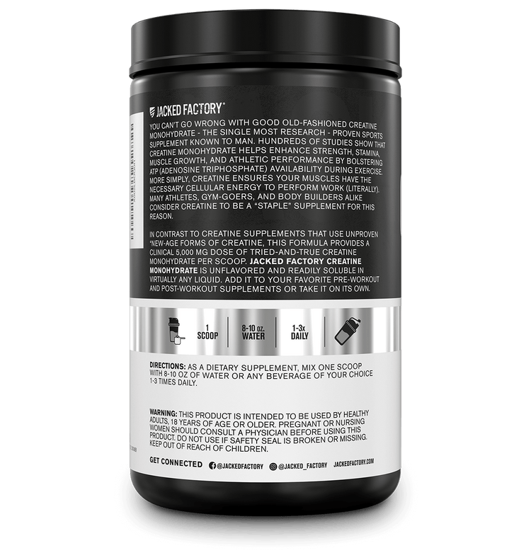 Side of Jacked Factory's Creatine Monohydrate 5000mg (85 servings) in a black bottle with white and grey label showing product description