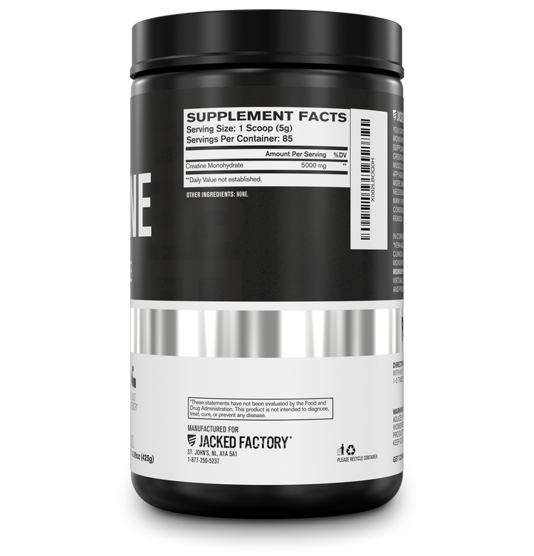 Side of Jacked Factory's Creatine Monohydrate 5000mg (85 servings) in a black bottle with white and grey label showing nutritional information