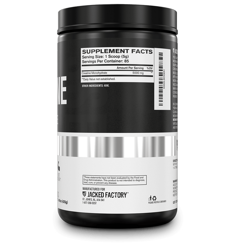 Side of Jacked Factory's Creatine Monohydrate 5000mg (85 servings) in a black bottle with white and grey label showing nutritional information