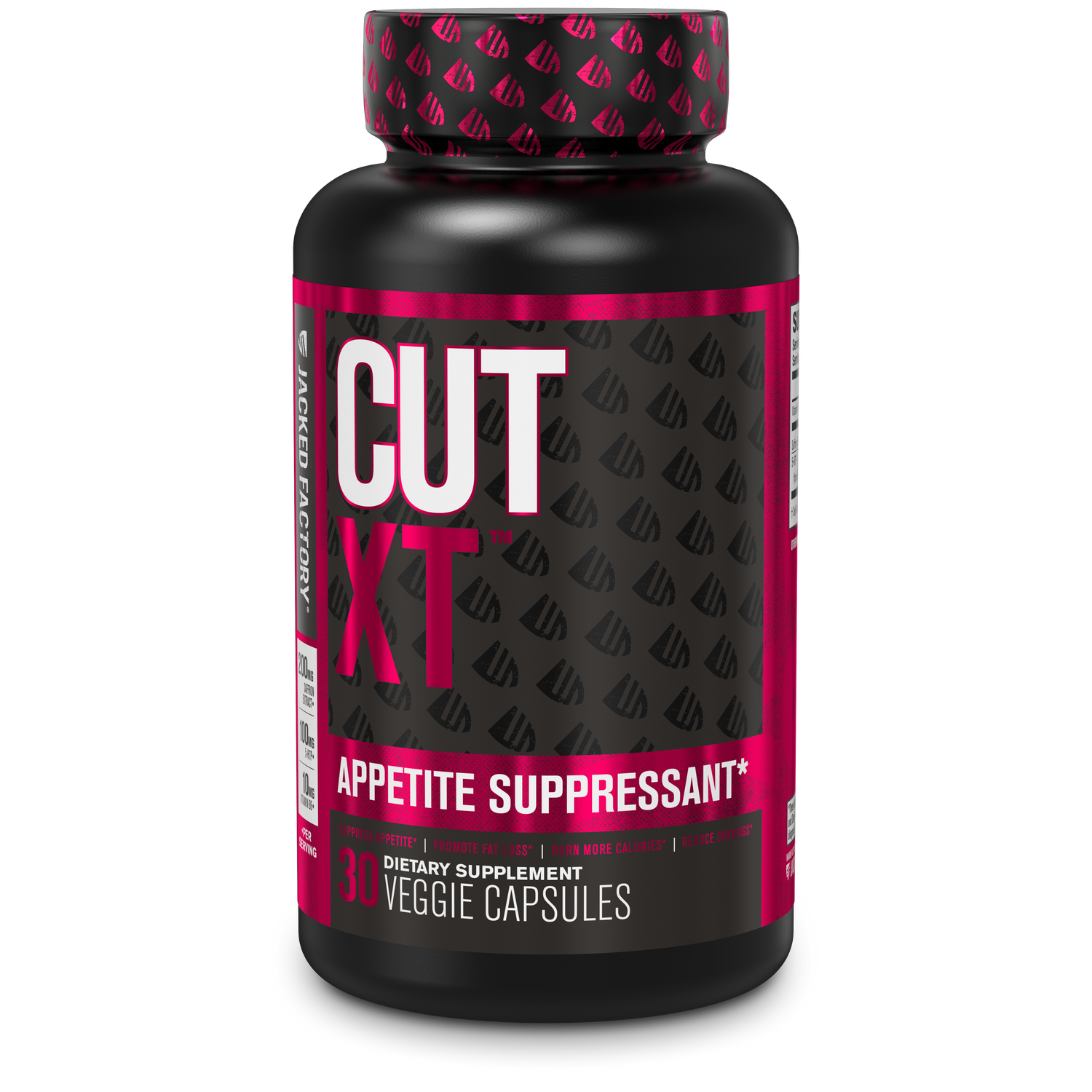 Jacked Factory's CUT-XT (30 veggie capsules) in a black bottle with pink logo