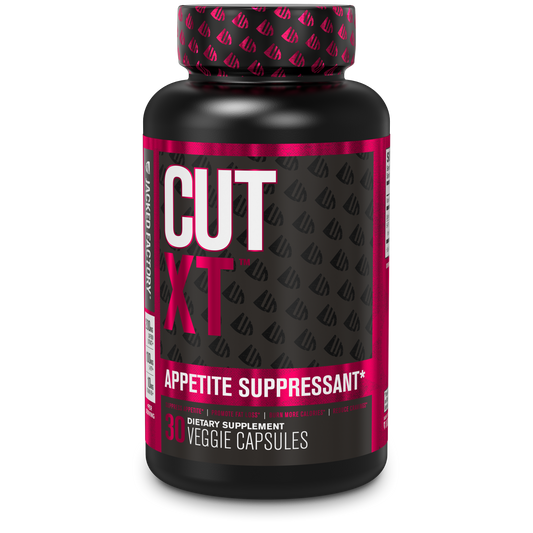 Jacked Factory's CUT-XT (30 veggie capsules) in a black bottle with pink logo