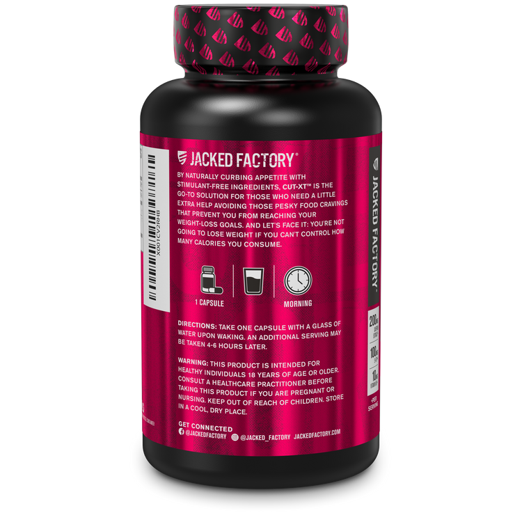 Side of Jacked Factory's CUT-XT (30 veggie capsules) in a black bottle with pink logo showing product description