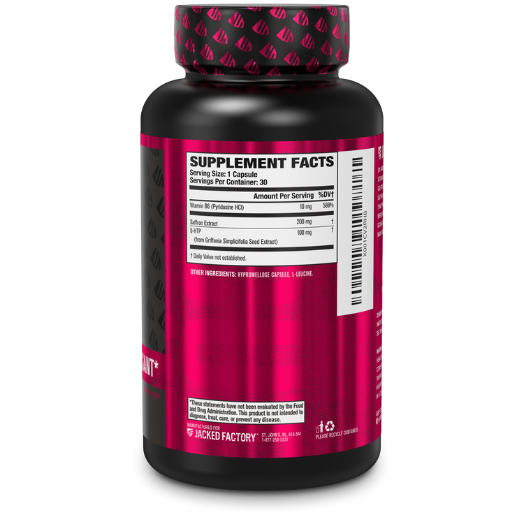 Side of Jacked Factory's CUT-XT (30 veggie capsules) in a black bottle with pink logo showing nutritional information