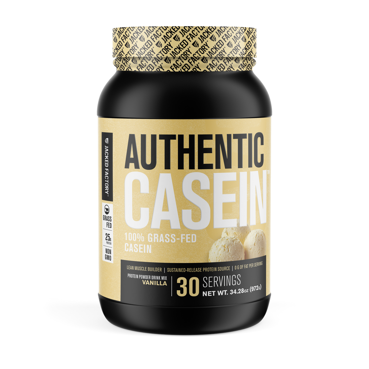 Jacked Factory's vanilla Authentic Casein 30 servings powder is a black bottle with cream colored label with vanilla ice cream image